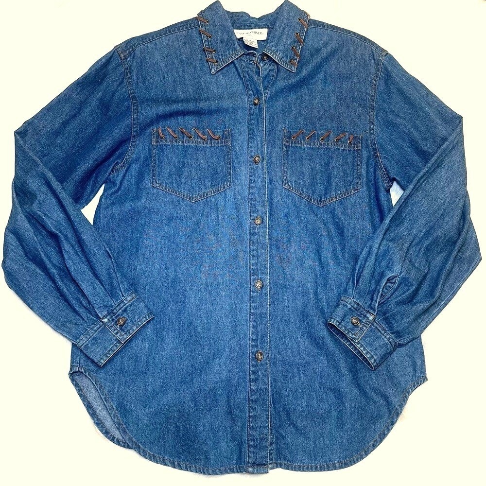 Vintage Cotton Denim Shirt Women Medium Leather Lace Up Collar Western Cowgirl